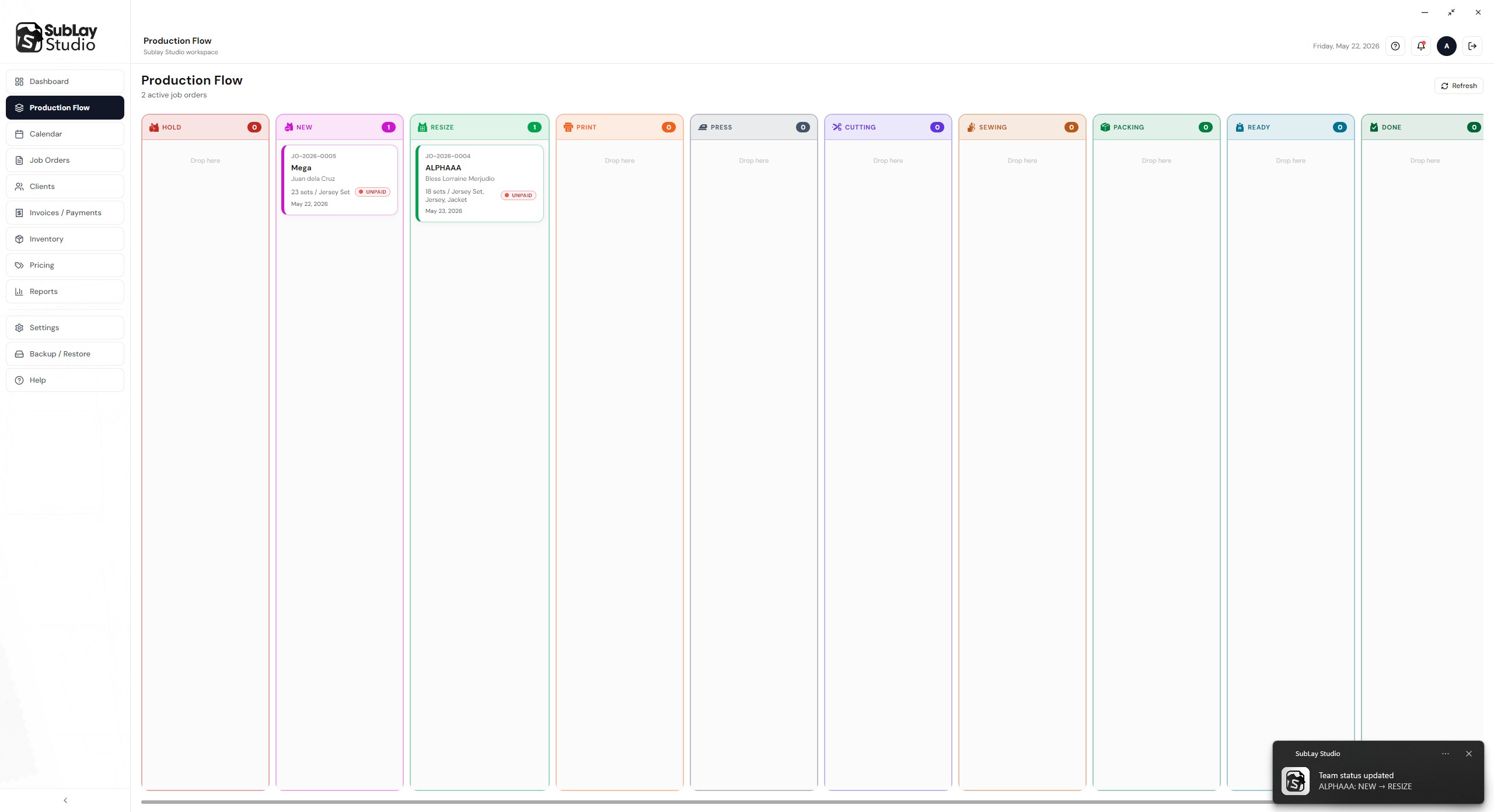 Production Flow screen